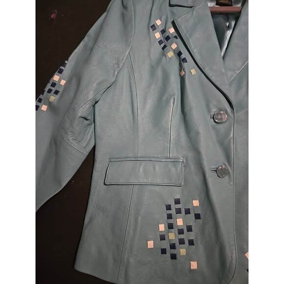 Vintage Terry Lewis Classic Luxuries Light Green Patterned Leather Blazer Jacket - Picture 2 of 6